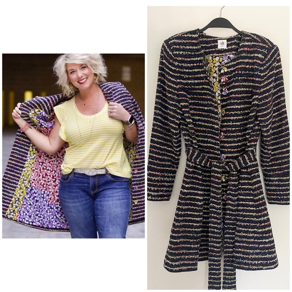 CAbi Headliner Topper Navy Stripe Multicolor Floral Tweed Coat 5660